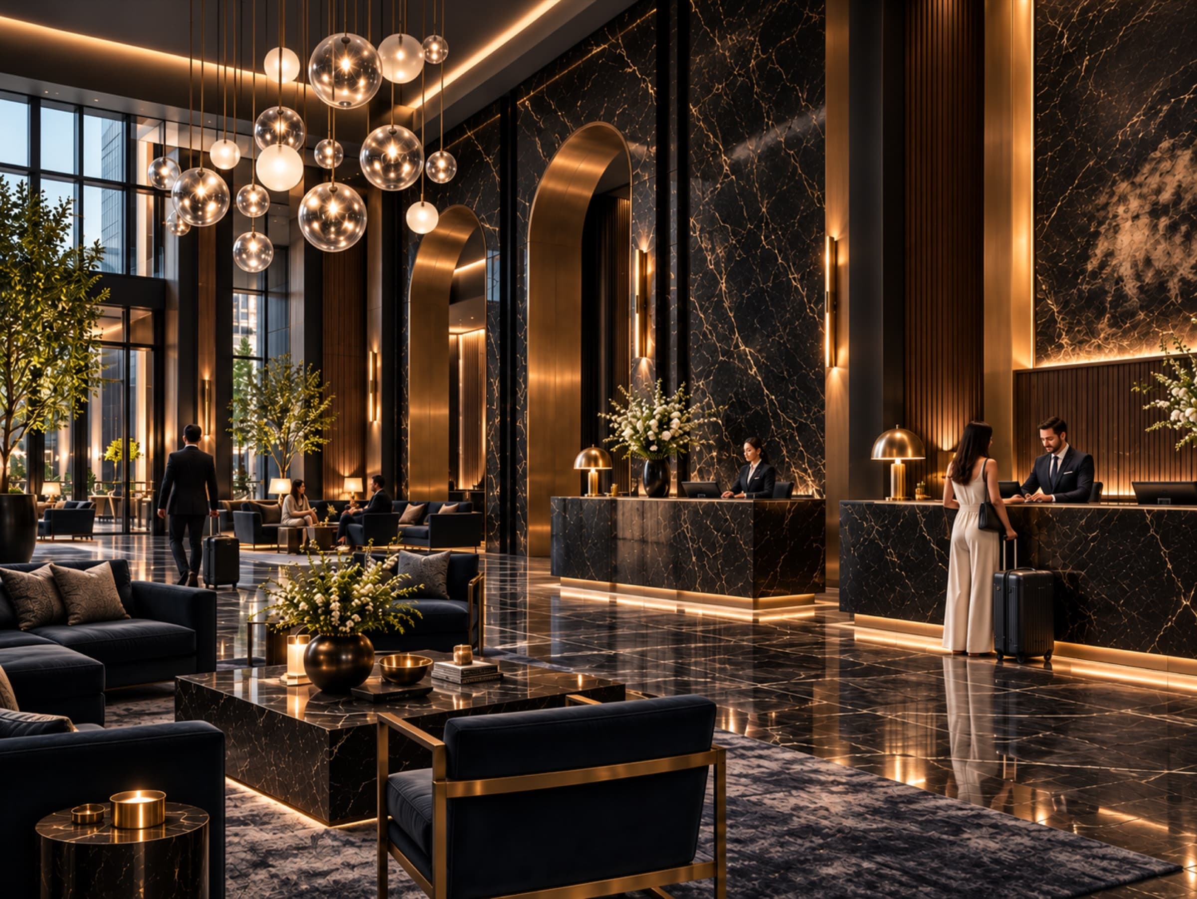 The lobby: black marble, brass arches and glass-globe chandeliers