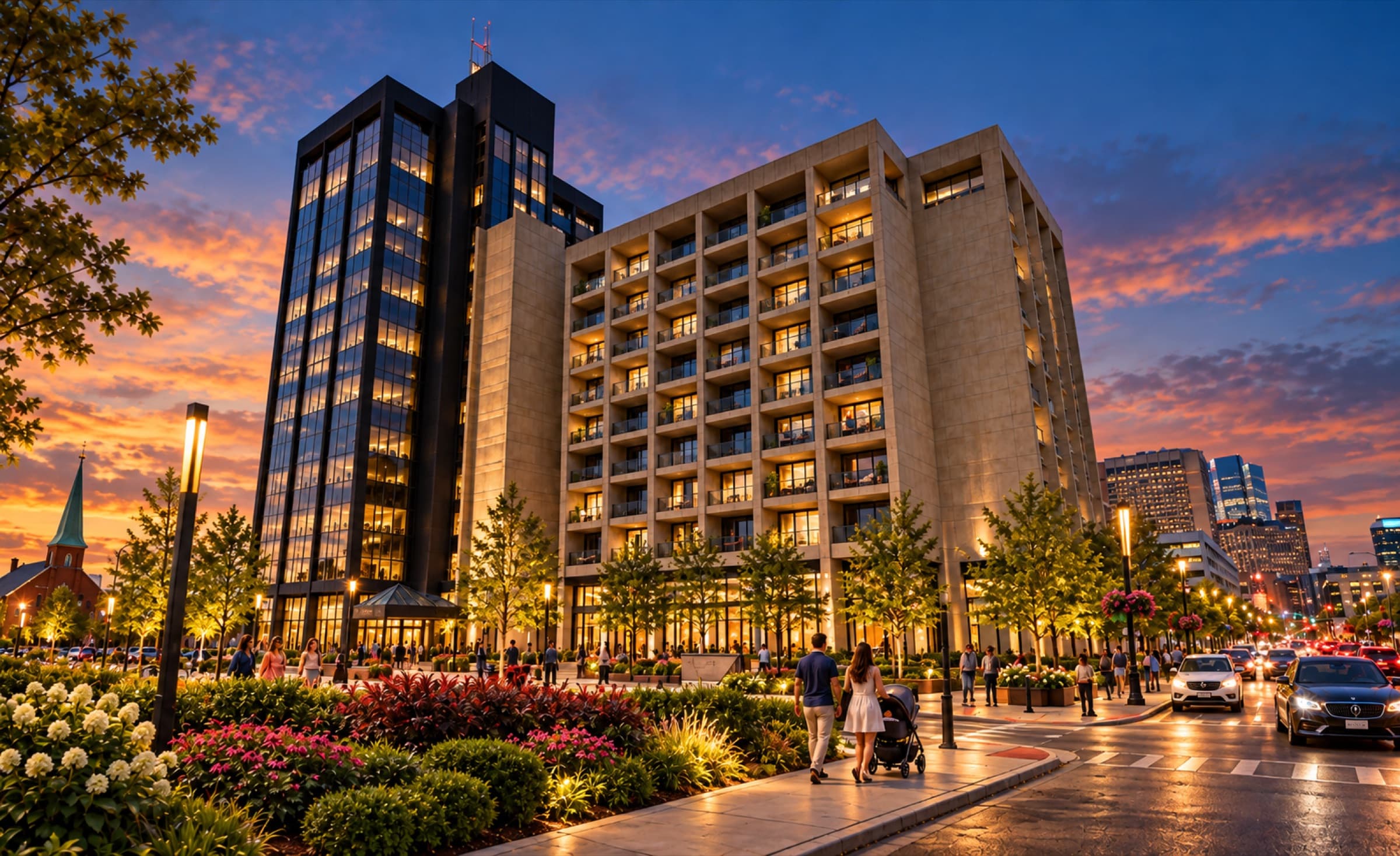 The two WAYNE towers on Sixth Street at dusk