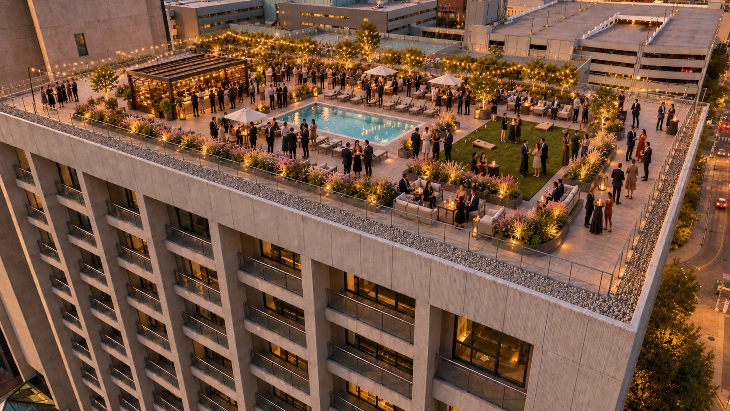The Signal: the South Tower rooftop terrace at dusk, seen from above