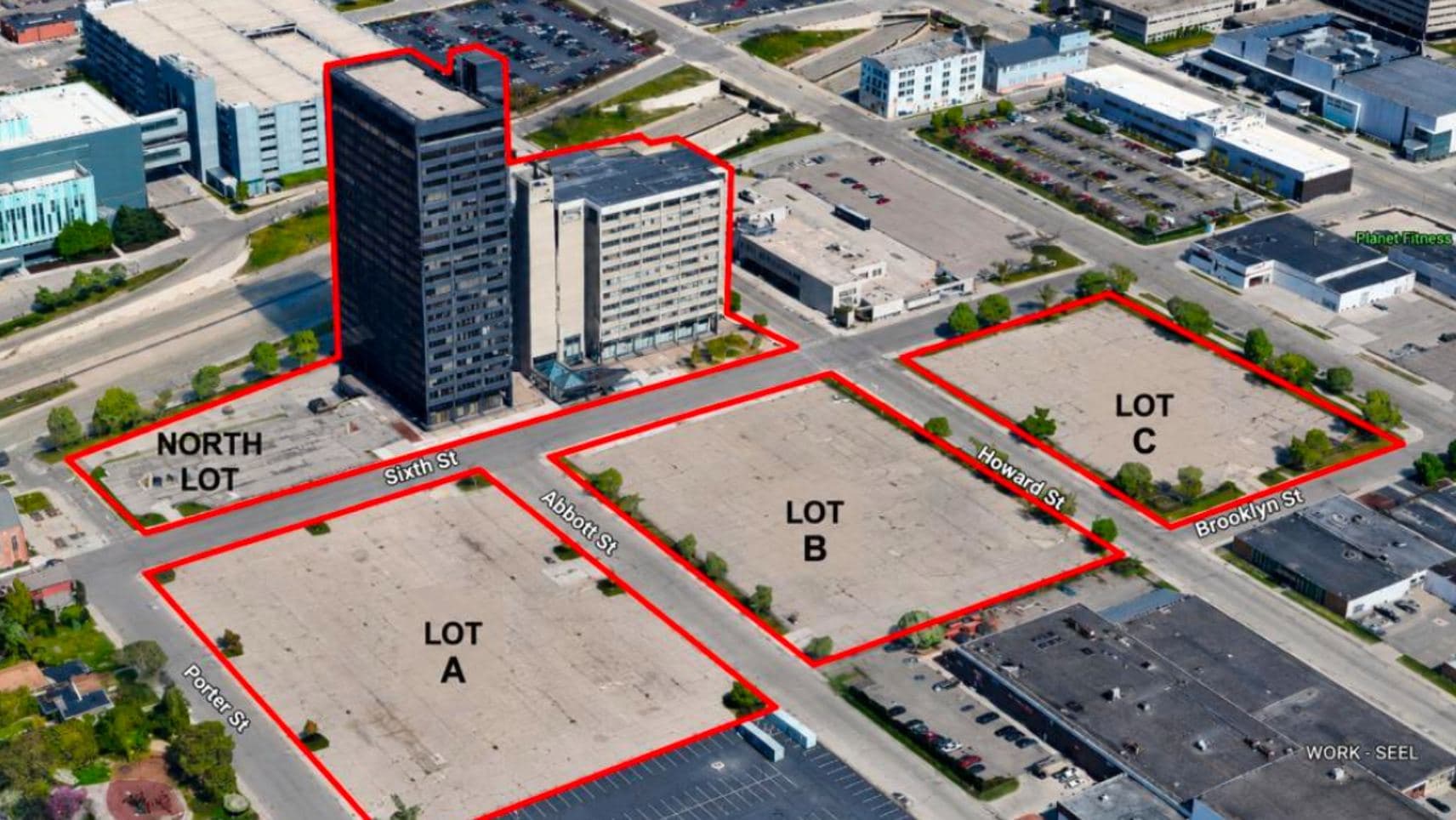 Aerial view of the site with the main parcel, North Lot and Lots A, B and C outlined