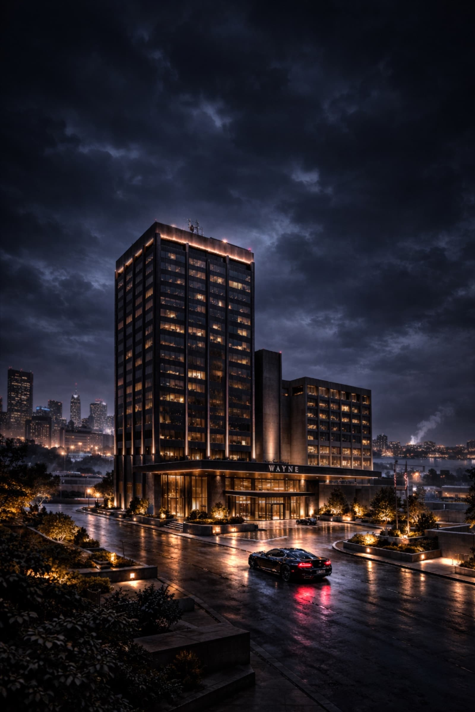 The North Tower lit against a stormy night sky