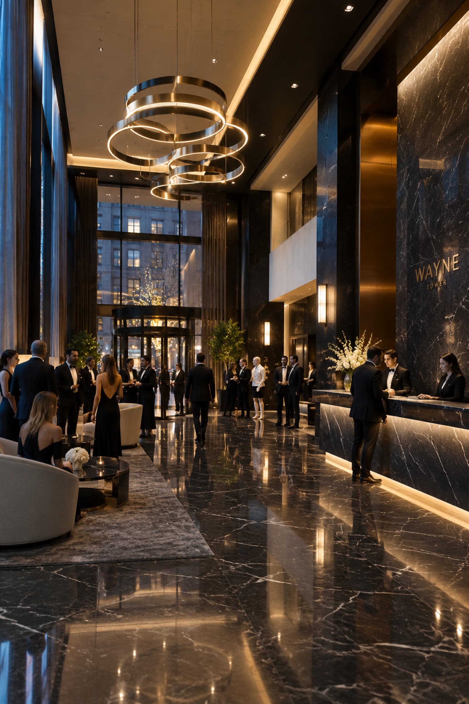 Lobby, evening arrivals
